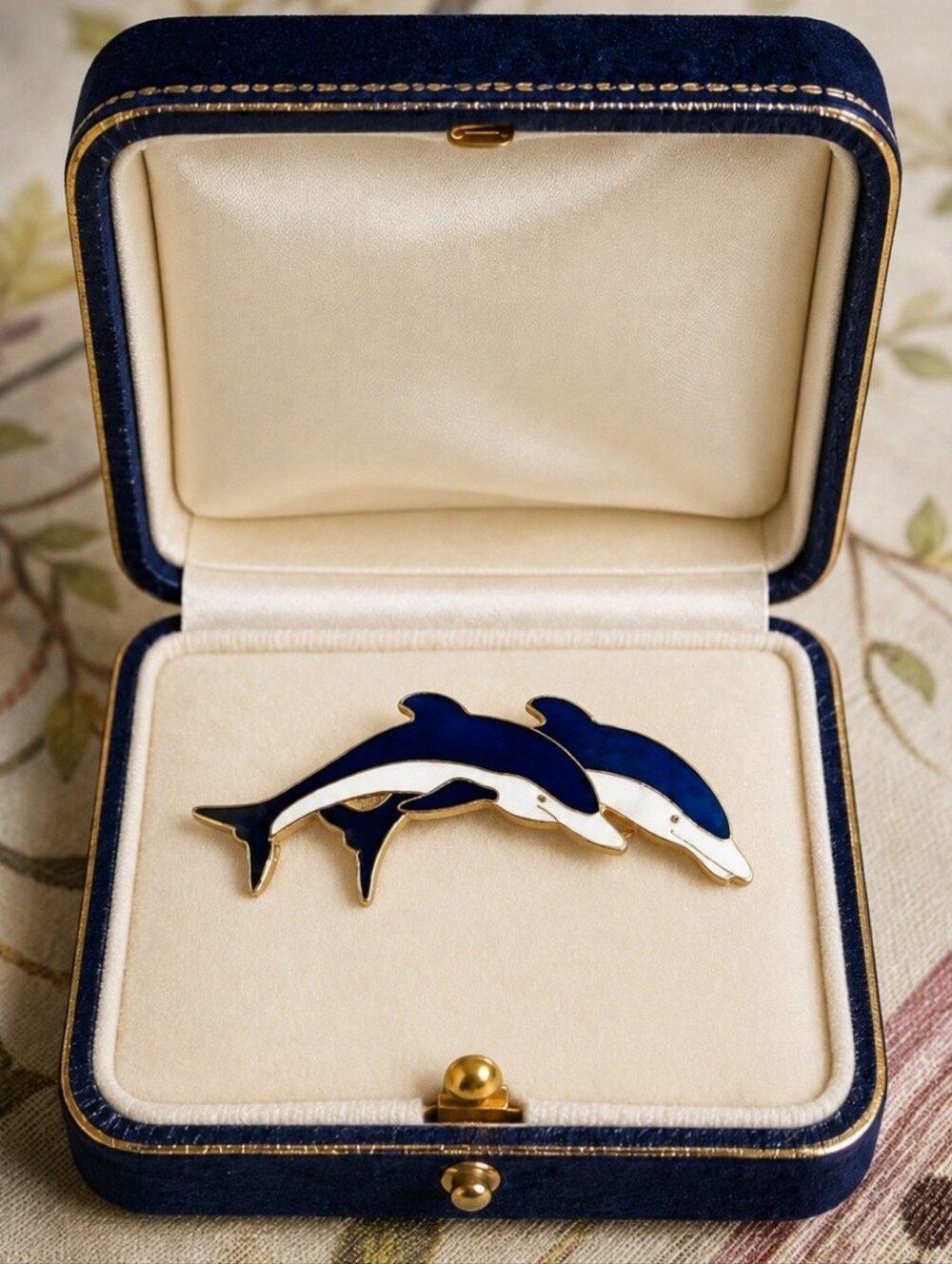 Pair of Blue Dolphins Gold Tone Electroplate Vintage Brooch Dolphin EUC 1980's